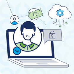 Illustration of a laptop, cloud, padlock, dollar bill and a person